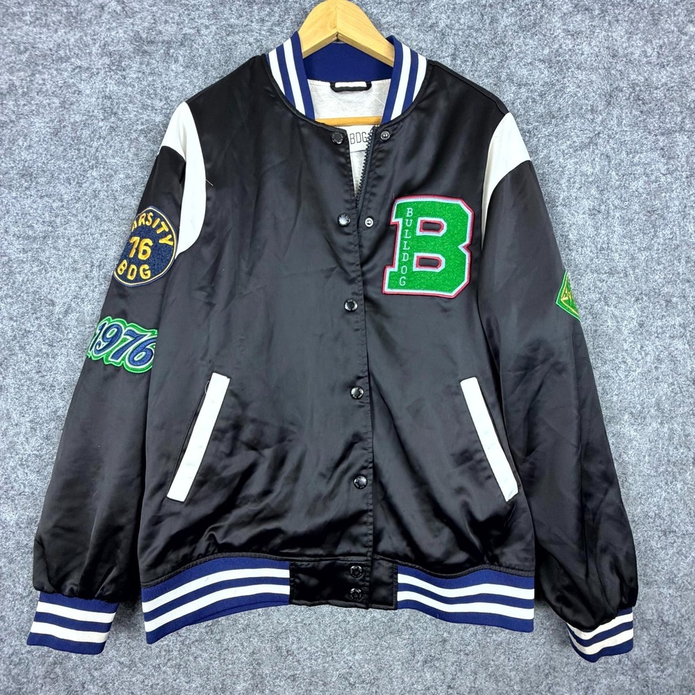 BDG Urban Outfitters Faye Satin Varsity Jacket Womens XS Black Snap‎ Up Preppy